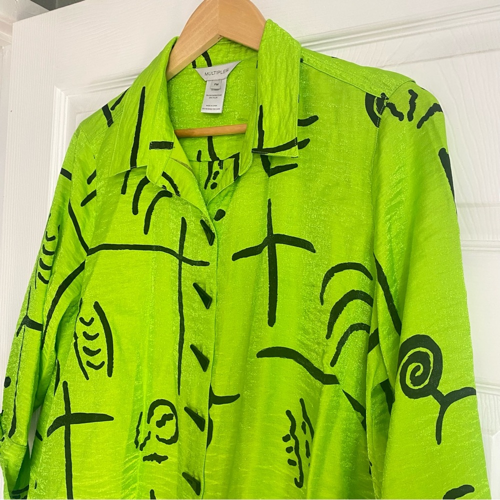 Multiples Lime Green Graphic Button-Down Shirt NWT - image 4